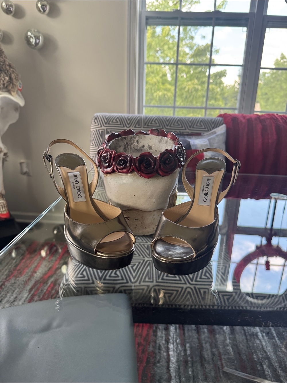 Jimmy Choo Gold Metallic Peep-Toe Slingback Platform Heels